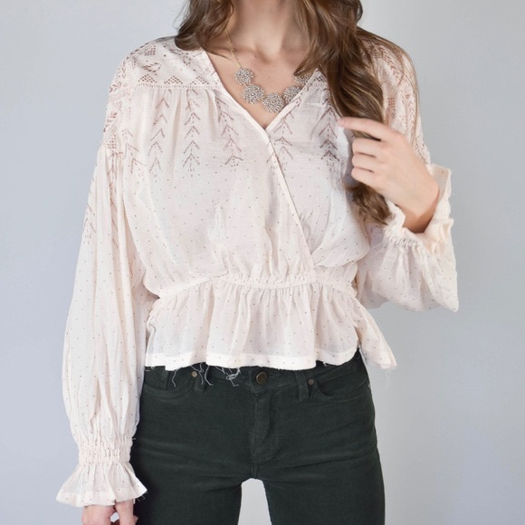 Free People Snowy Sand Gold Glitter Blouse Top - Picture 1 of 7